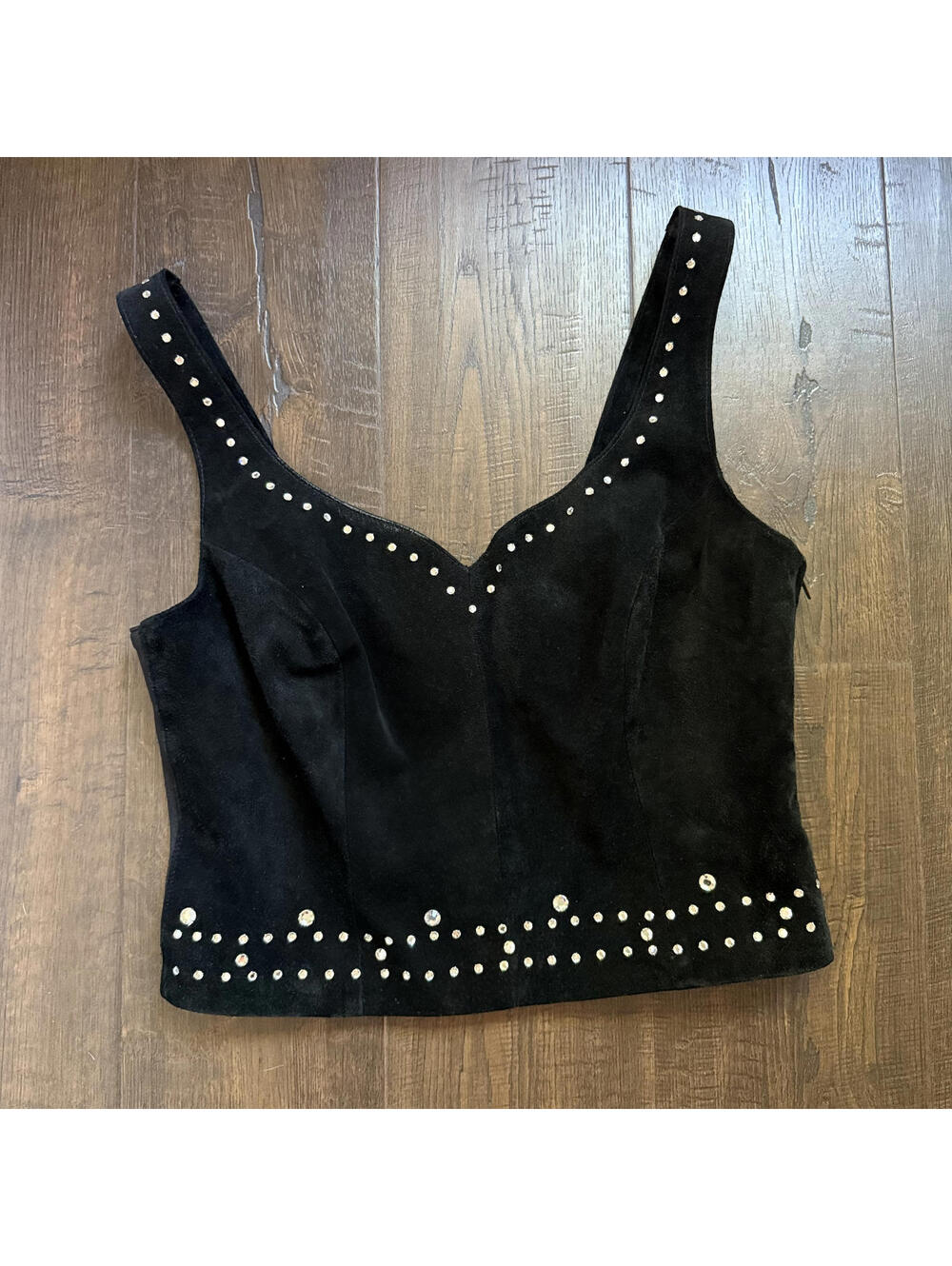 Vintage 90s Black Leather Tank Top Rhinestone Cowgirl Western Isabel M USA